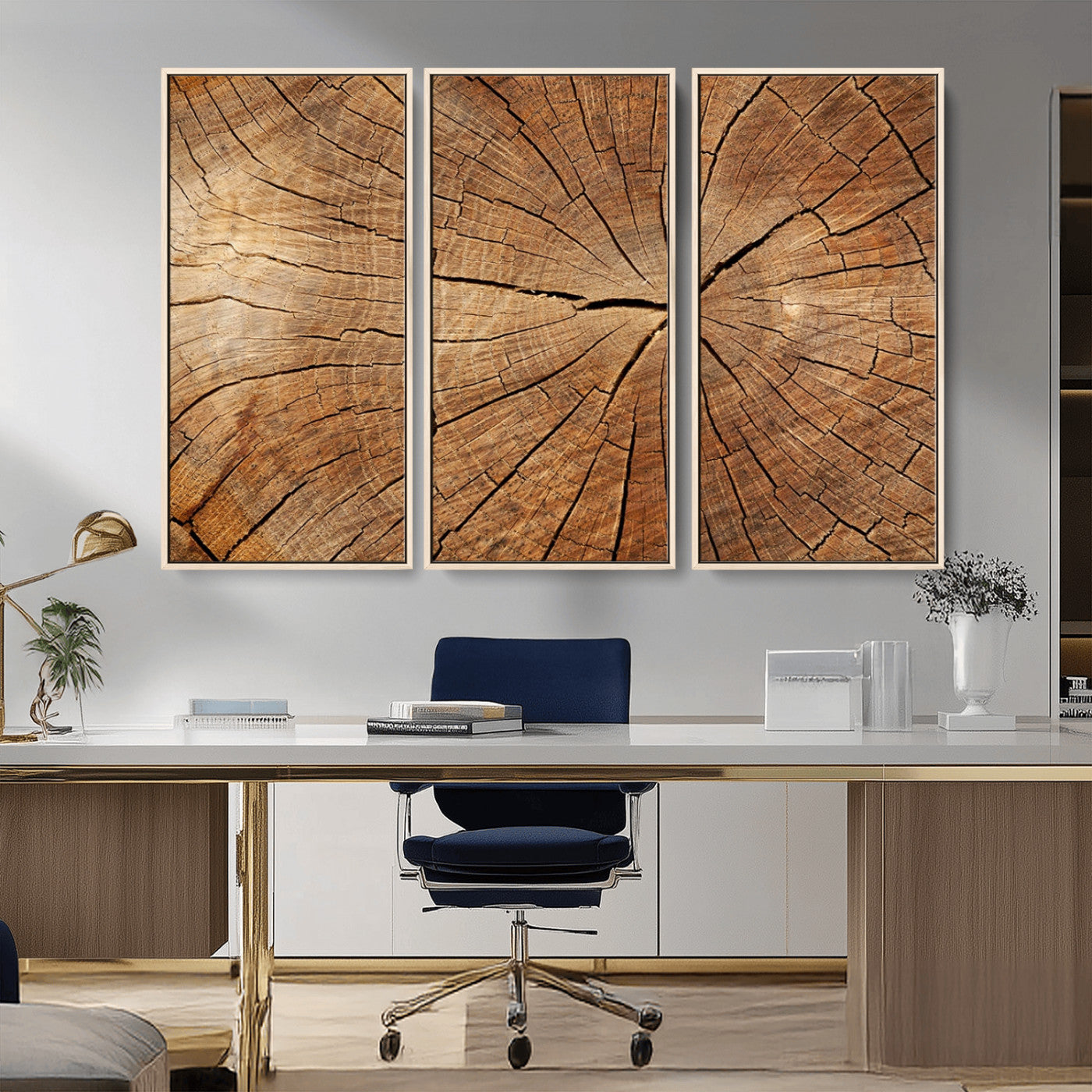 MGV-FC-48X32-3P - Tree Ring Canvas Art, Rustic Wood Grain Wall Art, Tree Slice Decor for Modern Homes, Giclee Multi-Panel Print, Tree Ring Wall Art Set