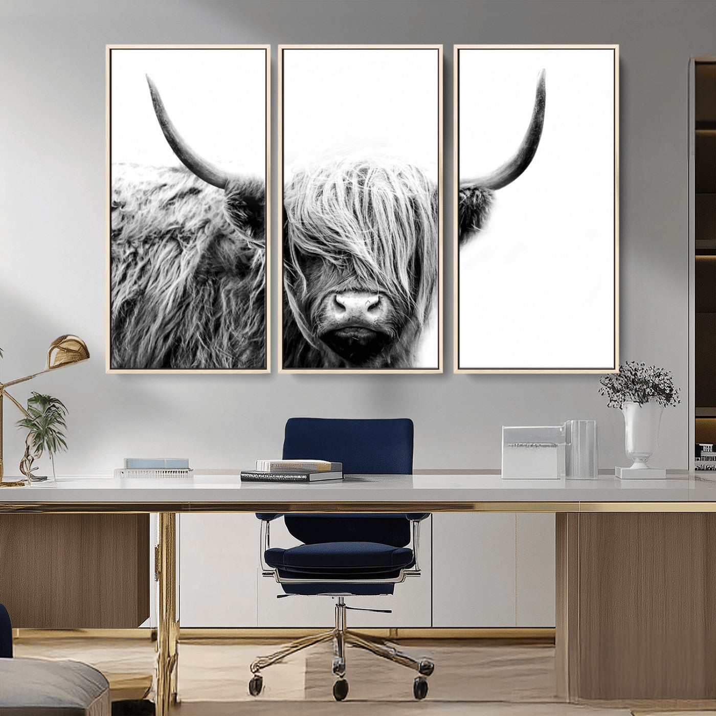 MGV-FC-48X32-3P - Black White Scottish Highland Cow Cattle Art Print Farmhouse Wall Art Canvas Print