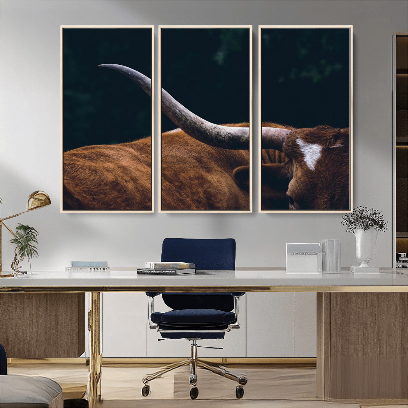 MGV-FC-48X32-3P - Texas Longhorn Bull Wall Art Canvas Print - Large Framed Canvas Wall Art, Animal Print for Rustic Home or Office Décor, Farmhouse Cabin Wall Decor