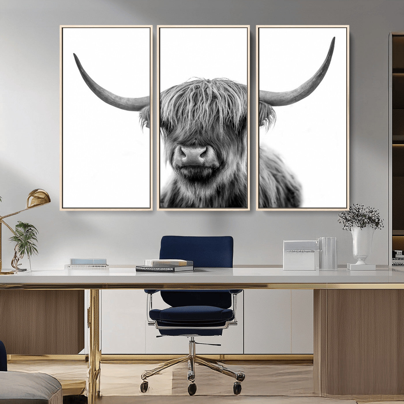 MGV-FC-48X32-3P - Grayscale Scottish Highland Cow Cattle Art Print Farmhouse Wall Art Canvas Print