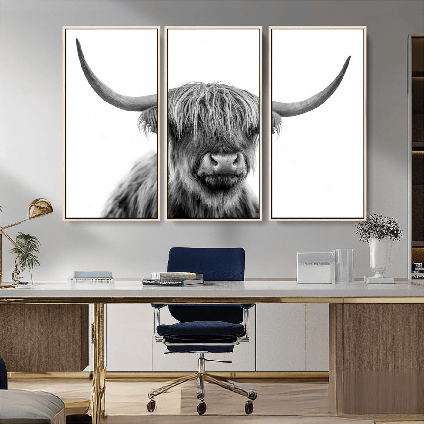 MGV-FC-48X32-3P - Scottish Highland Cow Cattle Art Print Wall Art Canvas Print for Farmhouse Decor, Framed Scottish