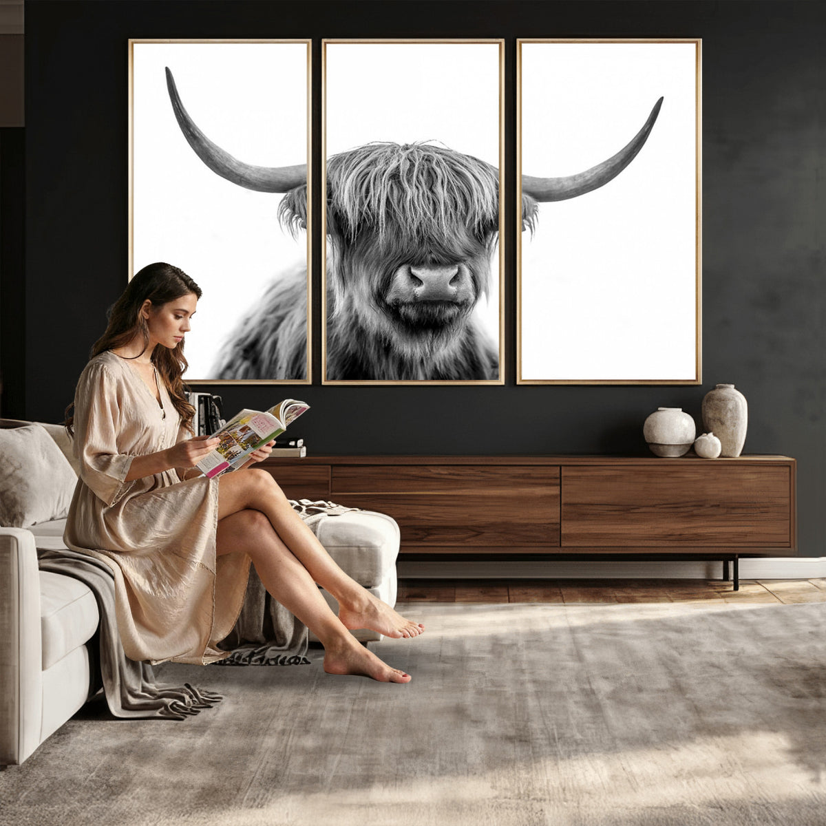 75503-_Poster-30x20 - Scottish Highland Cow Cattle Art Print Wall Art Canvas Print for Farmhouse Decor, Framed Scottish
