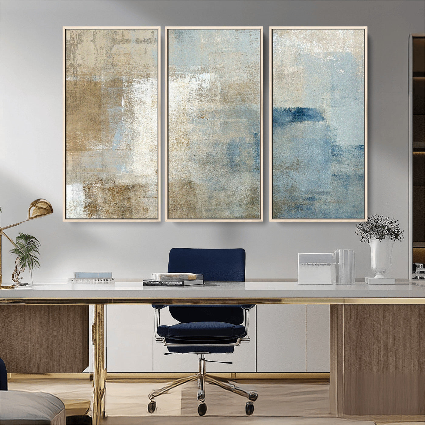 MGV-FC-48X32-3P - Abstract Blue and Beige Wall Art, Modern Minimalist Canvas Print Set, Giclee Textured Art, Large Multi-Panel Artwork for Living Room