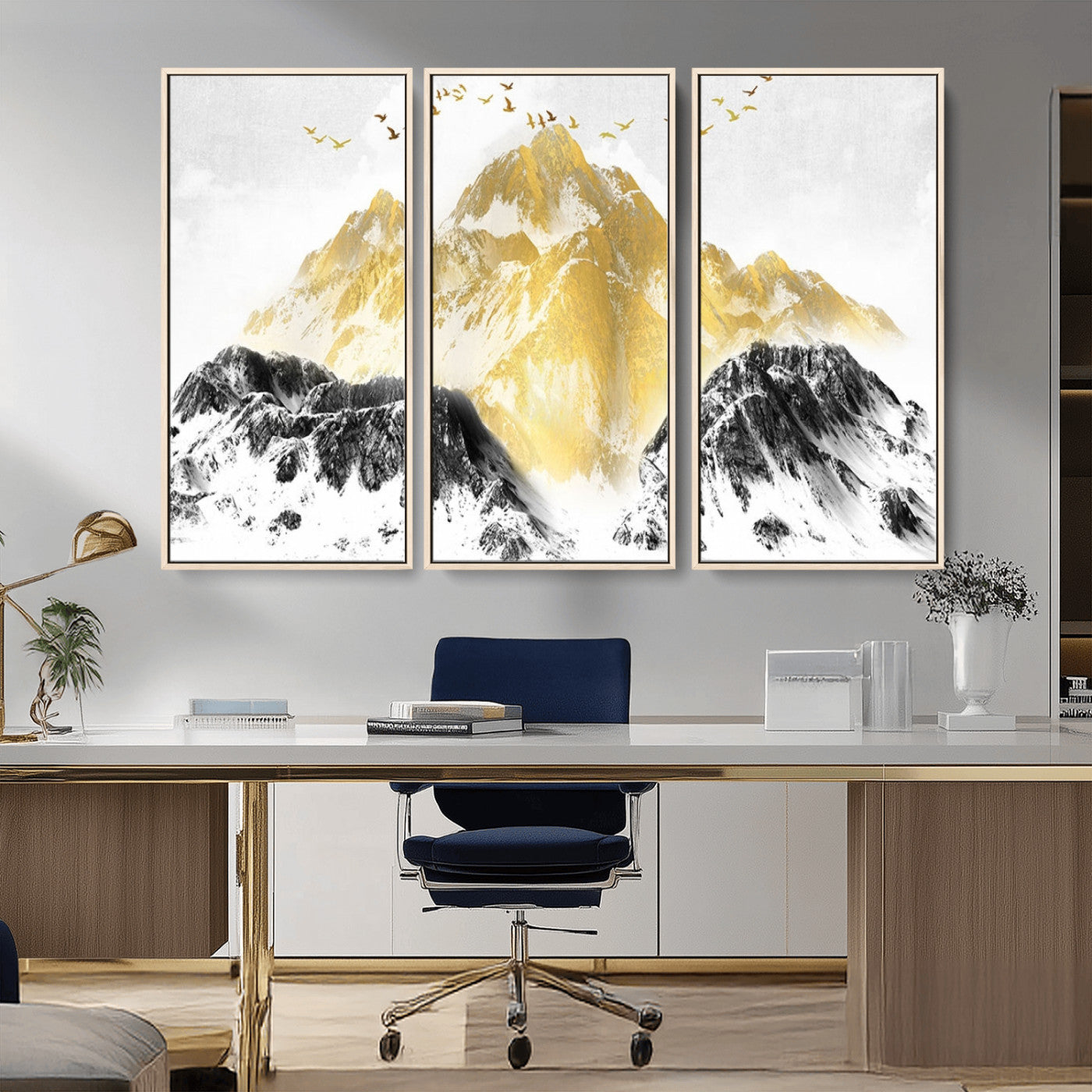MGV-FC-48X32-3P - Golden Mountain Triptych Wall Art, Modern Giclee Canvas Print, Nature Landscape Decor for Living Room, Contemporary Gold and Black Wall Art