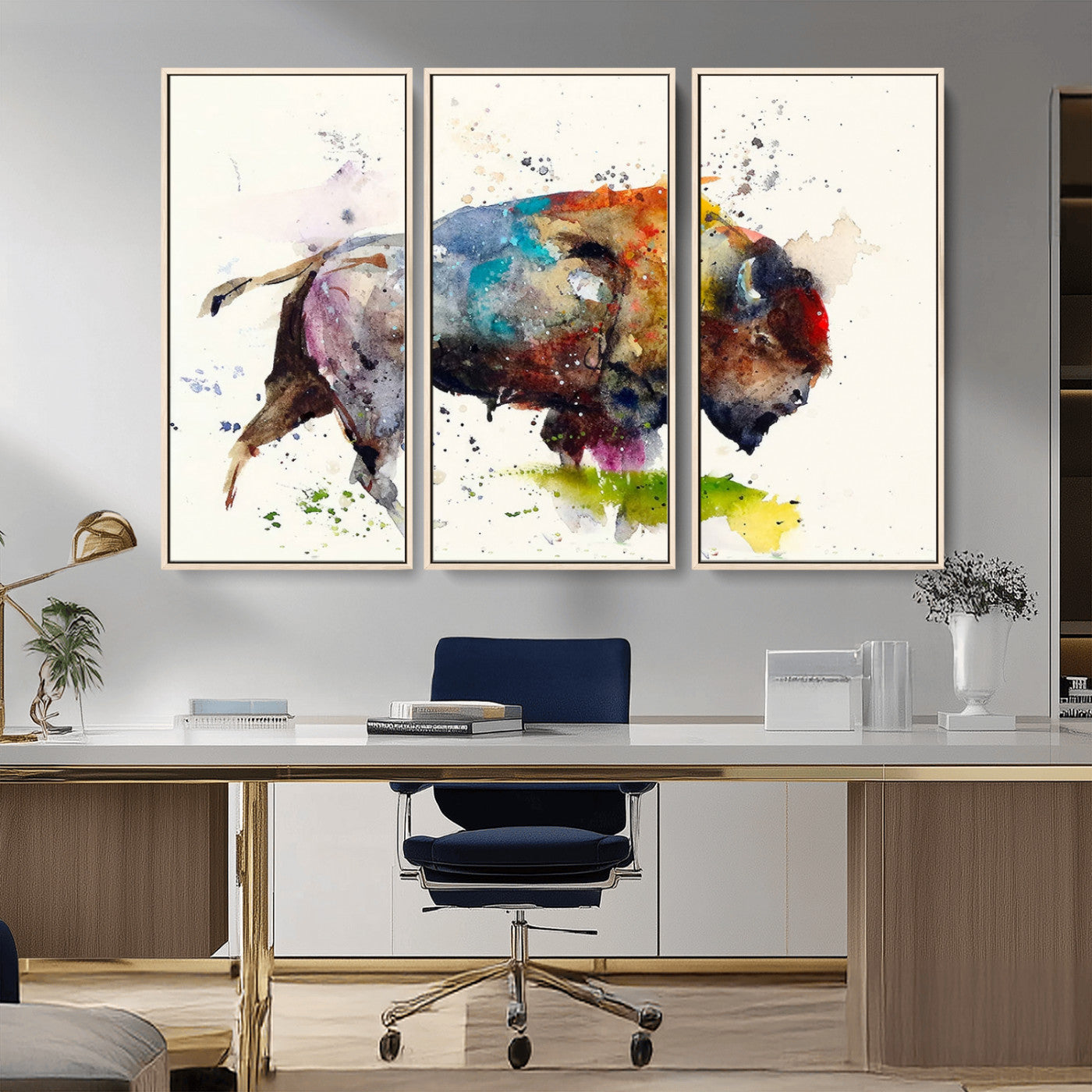 MGV-FC-48X32-3P - Abstract Buffalo Wall Art, Western Watercolor Bison Canvas Print, Rustic Buffalo Art for Cowboy and Western Decor, Large Multi-Panel Giclee Canvas