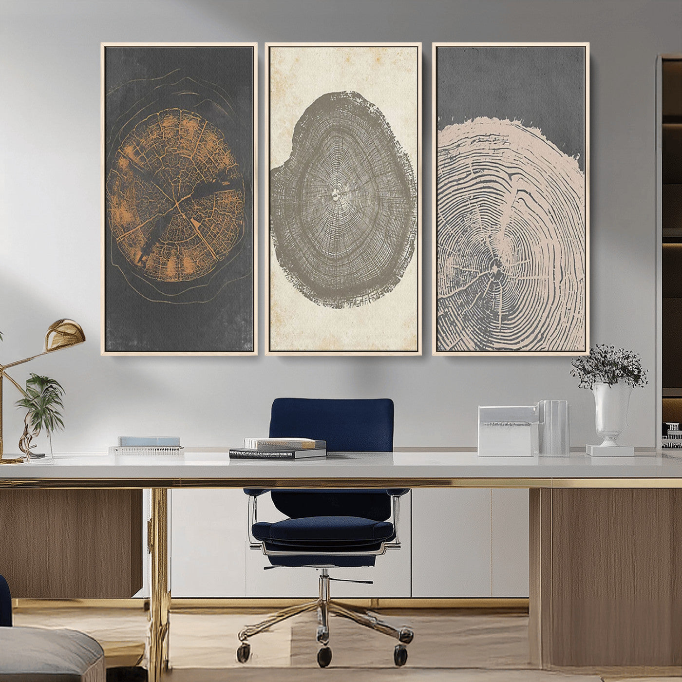 MGV-FC-48X32-3P - Boho Tree Ring Wall Art, Modern Minimalist Wood Grain Canvas, Tree Slice for Rustic Decor, Farmhouse Decor Giclee Canvas Print, Tree Ring Canvas Set