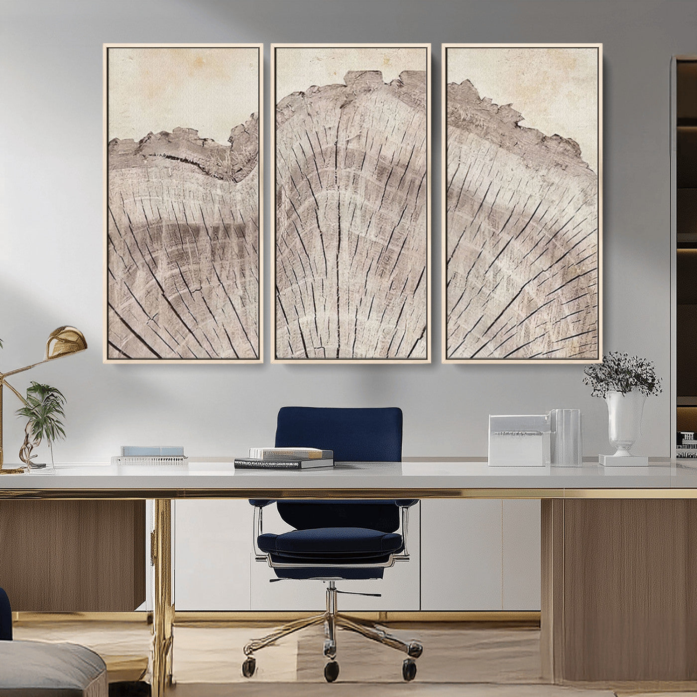 MGV-FC-48X32-3P - Tree Ring Wall Art Triptych, Rustic Wood Ring Canvas Print, Minimalist Wall Decor for Modern Homes and Farmhouse Decor