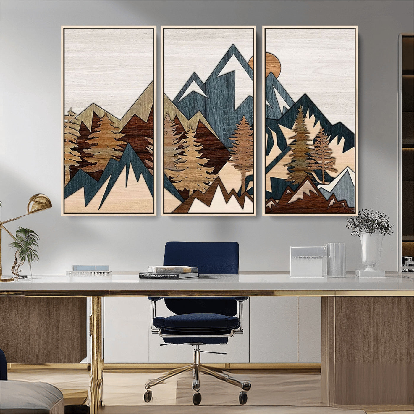 MGV-FC-48X32-3P - Rustic Abstract Wood Panel Effect Canvas Mountain Range Top Wood Wall Art Canvas Print