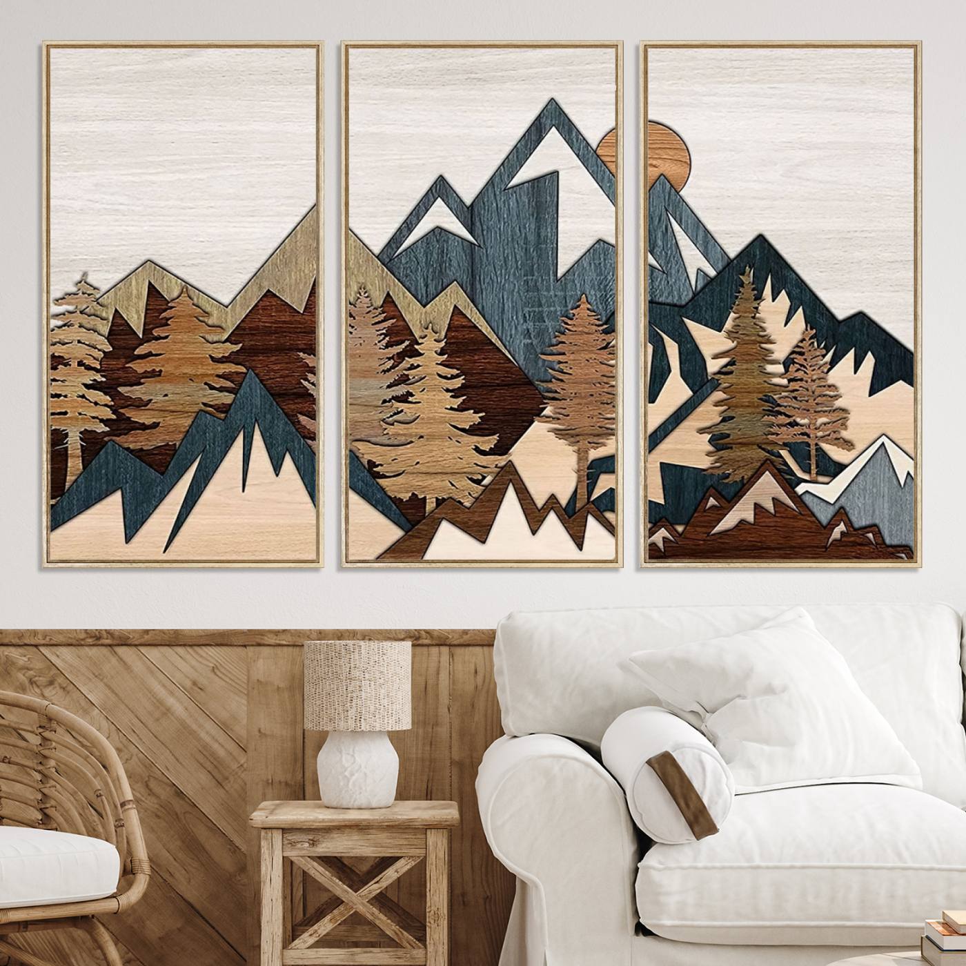67950-MGV-CV-36X24-Rustic Abstract Wood Panel Effect Canvas Mountain Range Top Wood Wall Art Canvas Print