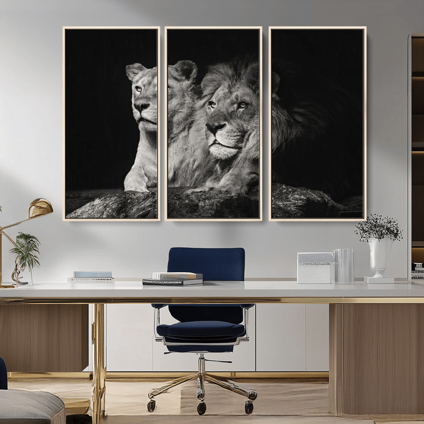 MGV-FC-48X32-3P - Lion Couple Canvas Wall Art Print – Elegant Wildlife Portrait in Black and White Lion Family – Ready to Hang