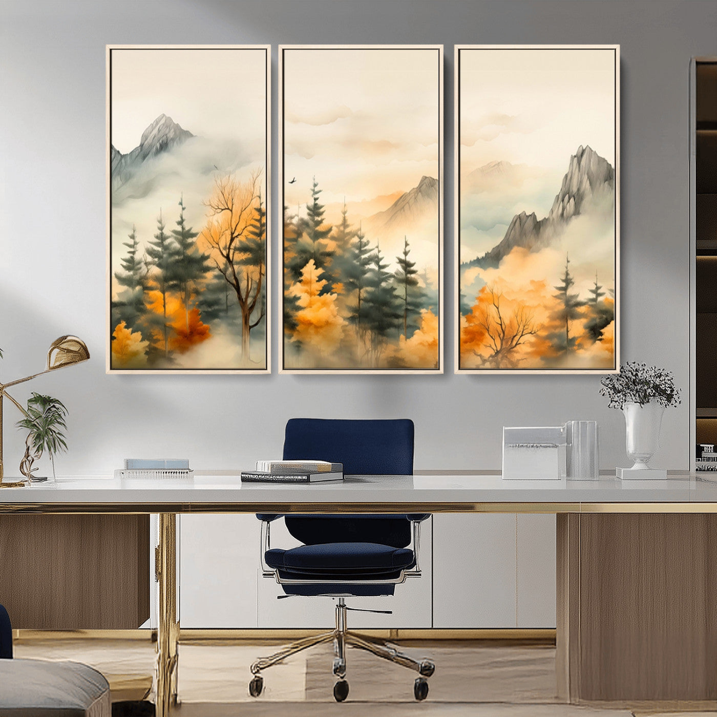 MGV-FC-48X32-3P - Abstract Watercolor Mountains and Trees Autumn Art, Watercolor Mountains and Trees Canvas Print