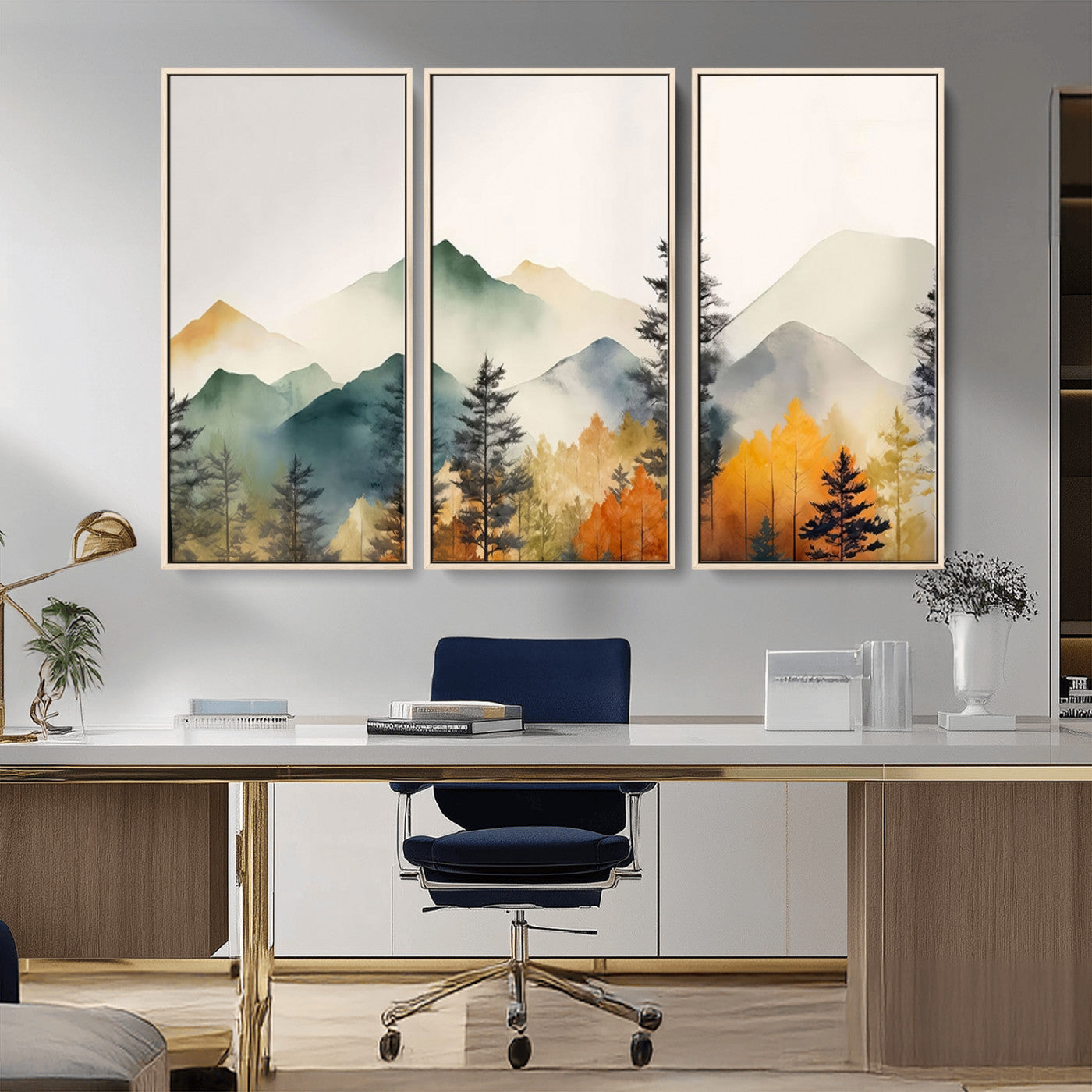 MGV-FC-48X32-3P - Abstract Watercolor Mountains and Trees Autumn Wall Art, Mountains and Trees Autumn Wall Art Canvas