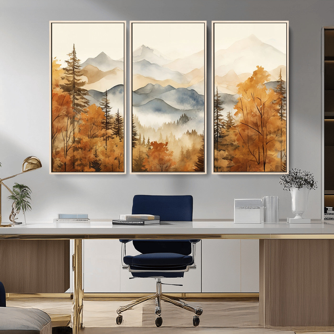 MGV-FC-48X32-3P - Golden Autumn Forest Wall Art | Mountain Landscape Canvas Print for Living Room or Bedroom | Large Wall Decor with Nature-Inspired Design