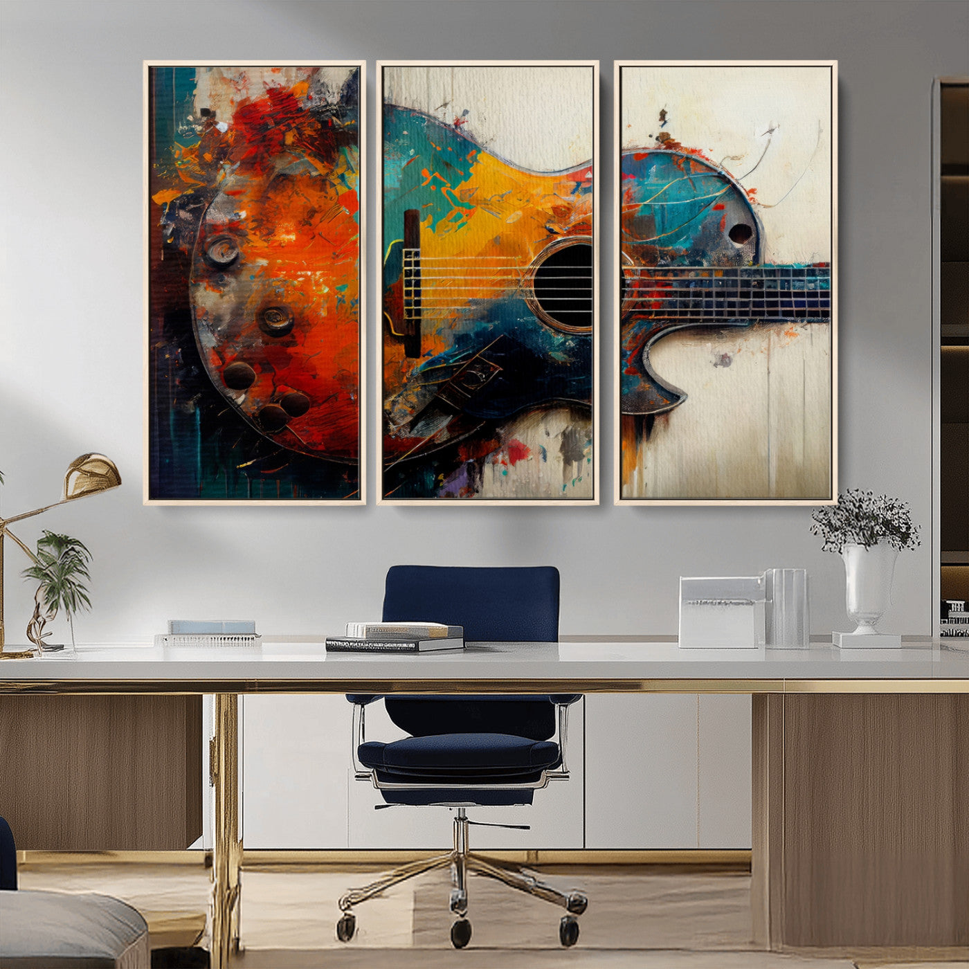 MGV-FC-48X32-3P - Abstract Guitar Wall Art Canvas | Vibrant Music-Inspired Art for Living Room or Studio | Colorful Music Decor Canvas Print