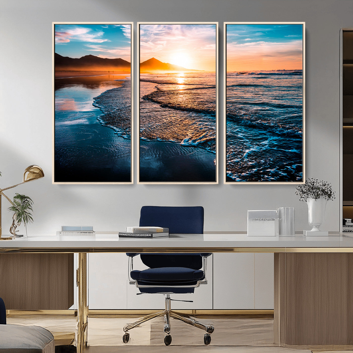 MGV-FC-48X32-3P - Beach Ocean Sunset on the Sea Wall Art Canvas, Beach Ocean Sunset Canvas Print