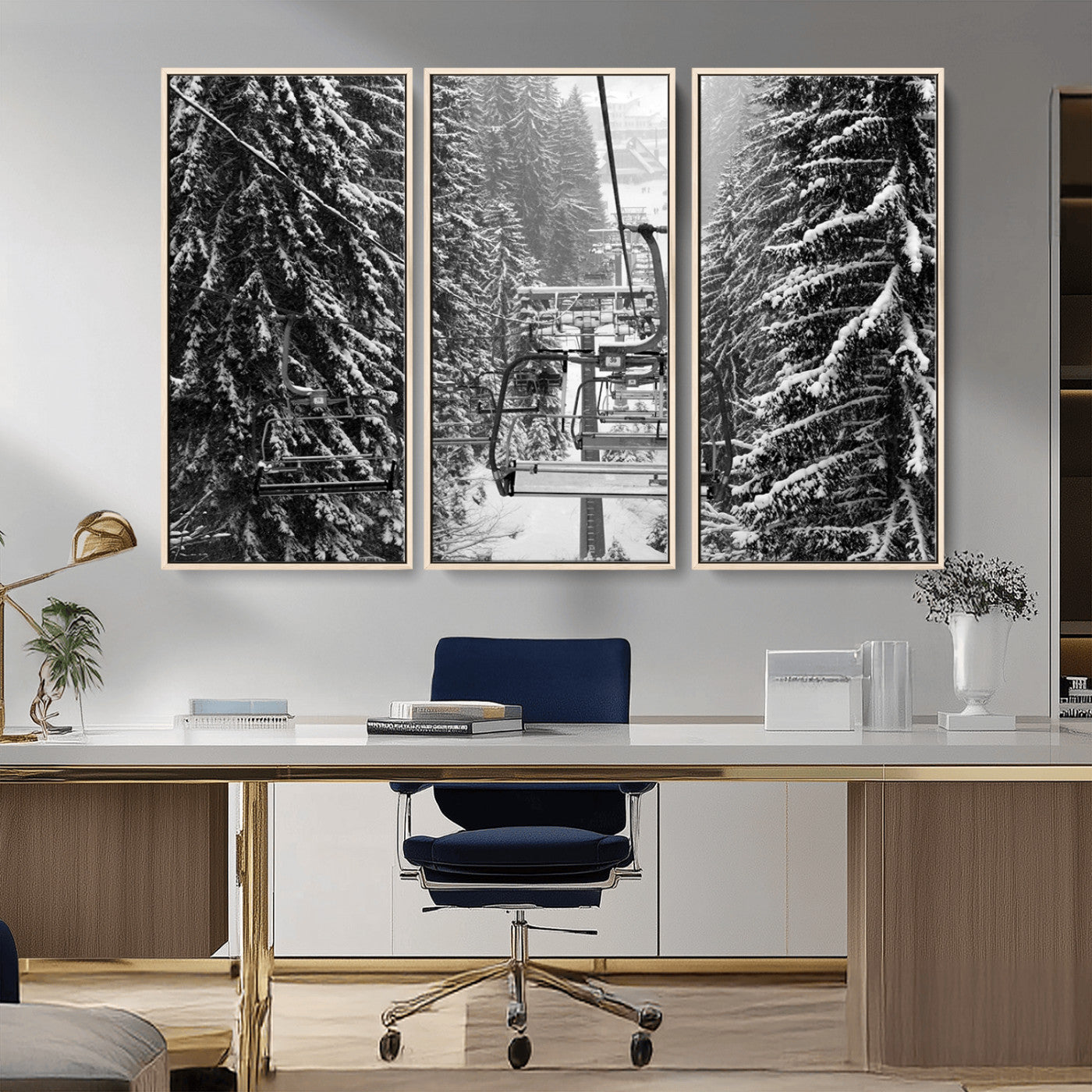 MGV-FC-48X32-3P - Winter Ski Lift Black and White Canvas Wall Art – Alpine Escape in Minimalist Style – Ready to Hang