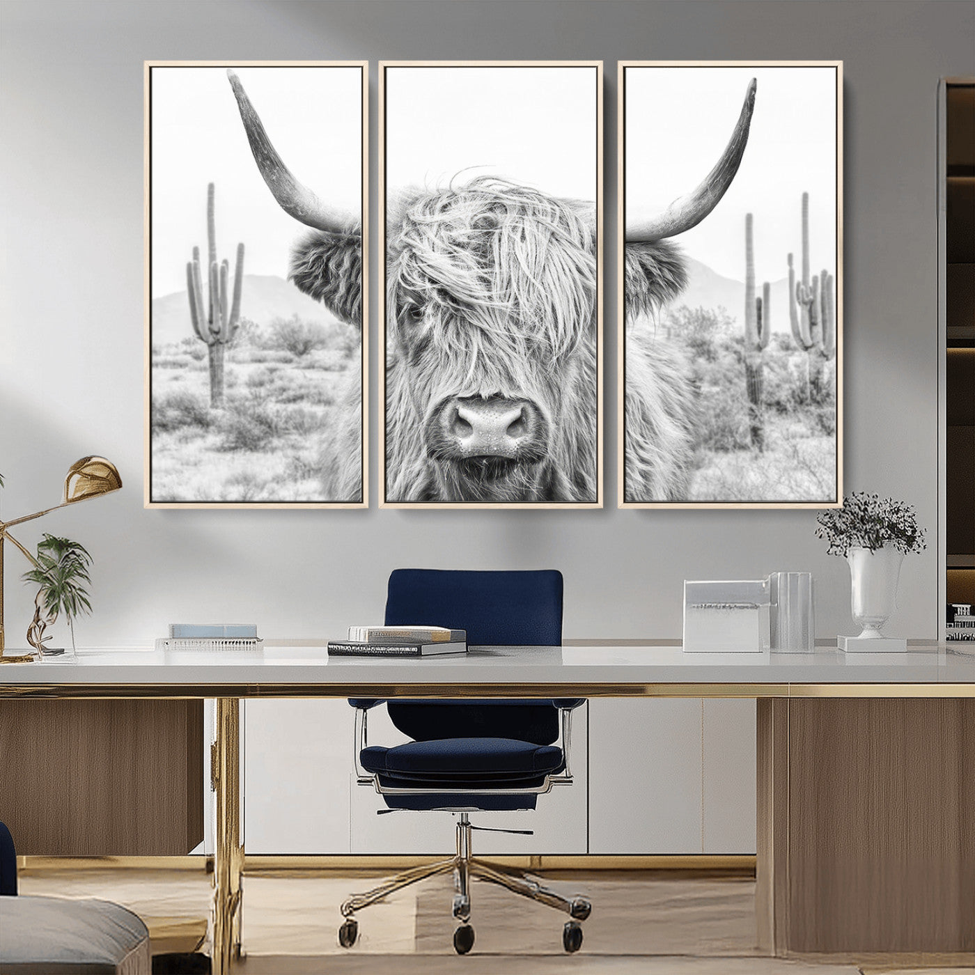 94579-MGV-FC-48X32-3P_Natural-Rustic Charm | Cow Longhorn Black White Bighorn Wall Art Canvas Print | Farmhouse Wall Art