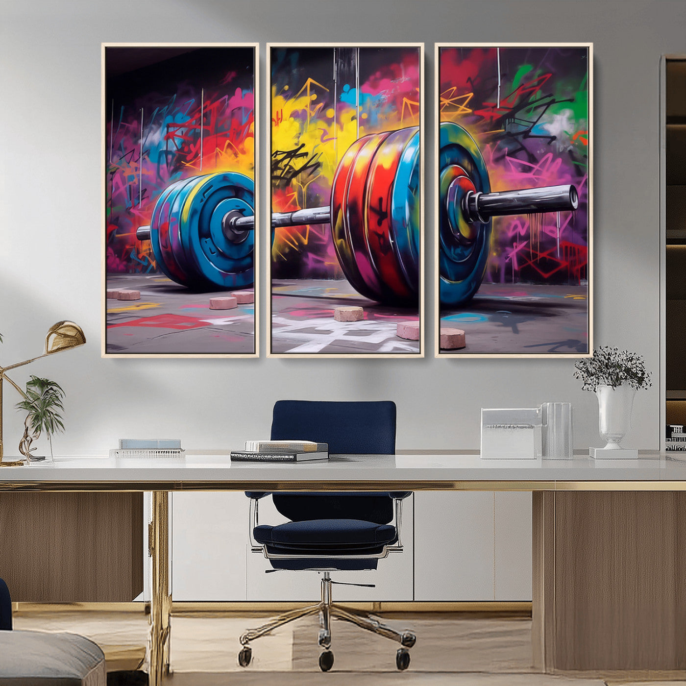 MGV-FC-48X32-3P - Abstract Graffiti Barbell Canvas Wall Art – Urban Fitness Meets Bold Street Art Print - Gym Wall Art Print