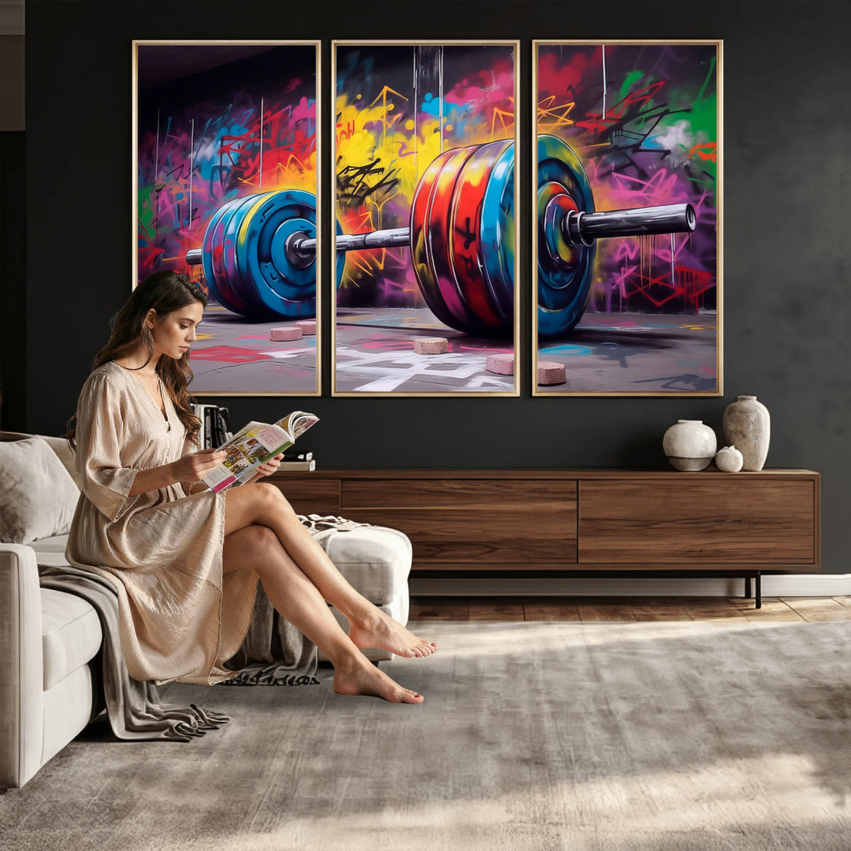 13549-MGV-CV-36X24 - Abstract Graffiti Barbell Canvas Wall Art | Urban Fitness Meets Bold Street Art