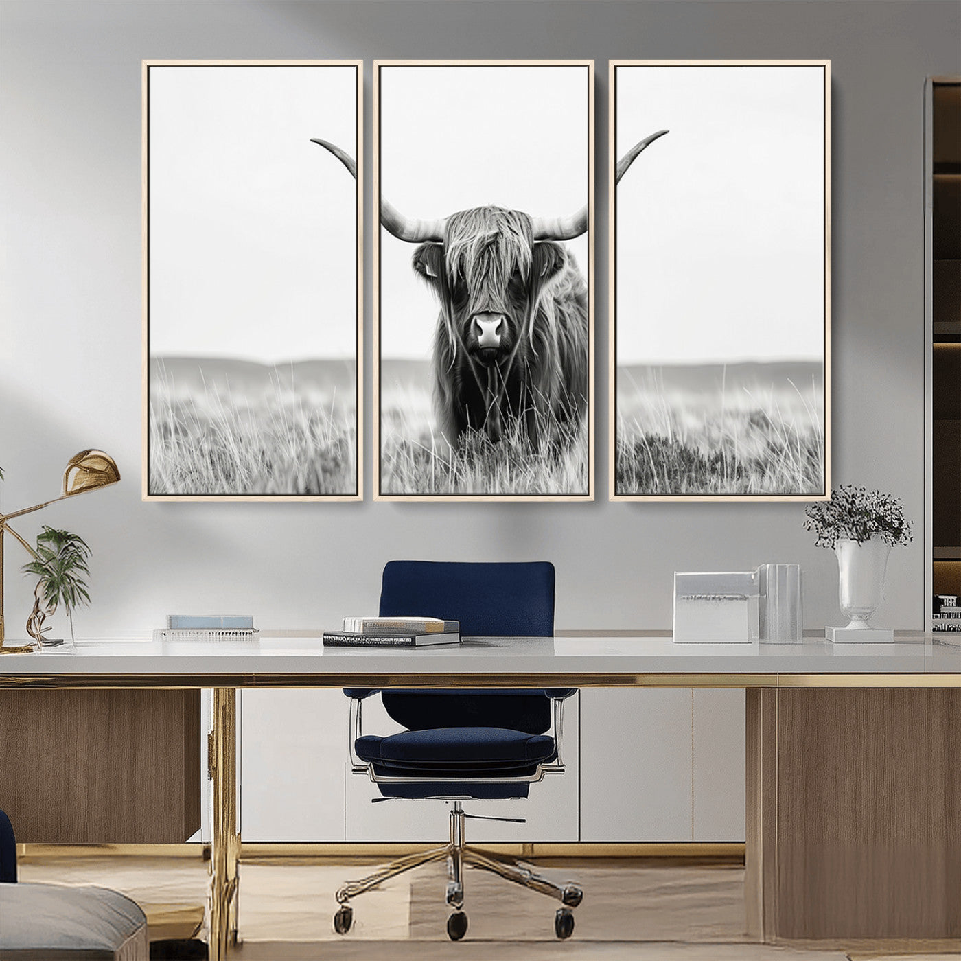 MGV-FC-48X32-3P - Highland Cow Canvas Wall Art – Majestic Beauty in Black and White – Ready to Hang