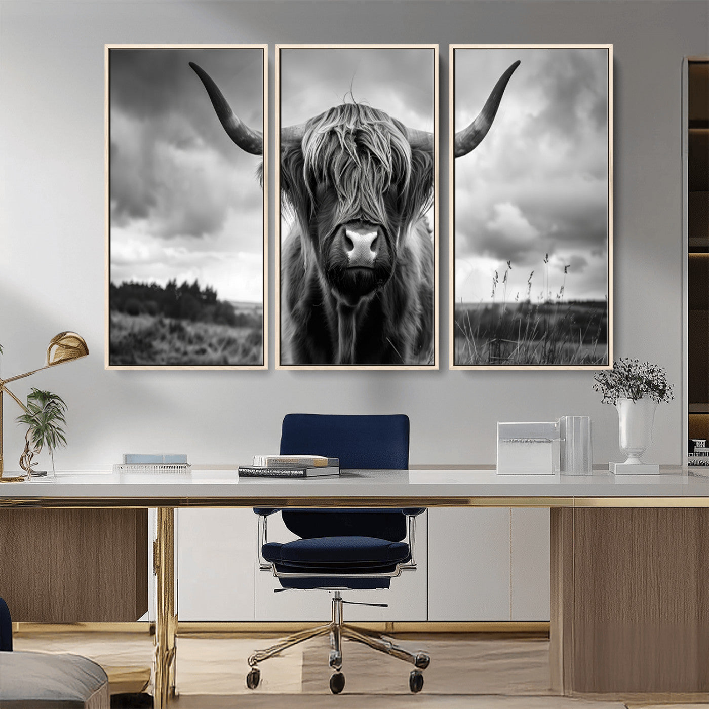 MGV-FC-48X32-3P - Scottish Cow Wall Art Canvas Print | Longhorn Wall Art | Bighorn Animal Wall Art