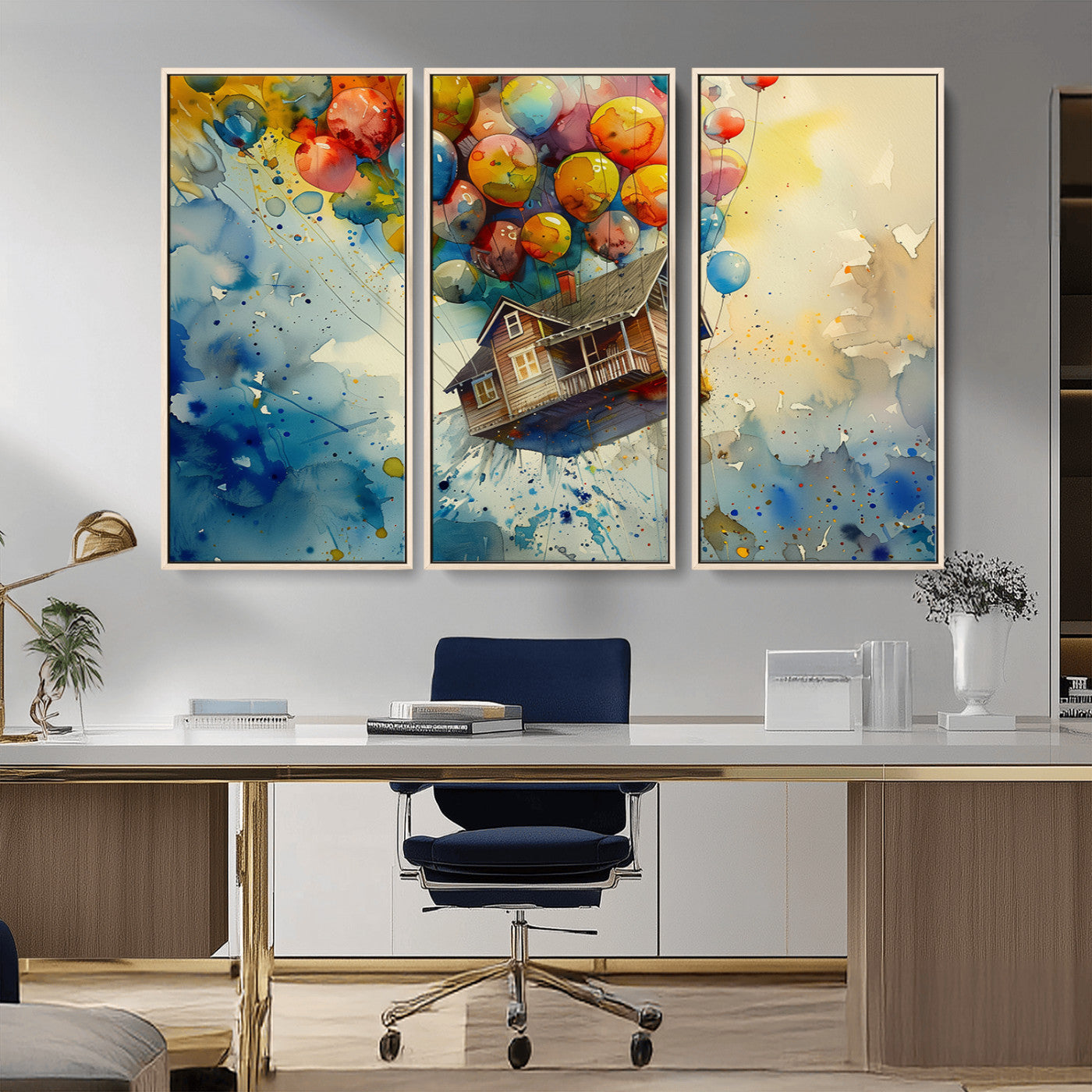 MGV-FC-48X32-3P - UP-Inspired Floating House with Balloons Canvas Art – Colorful 3-Panel Wall Decor for Living Room,