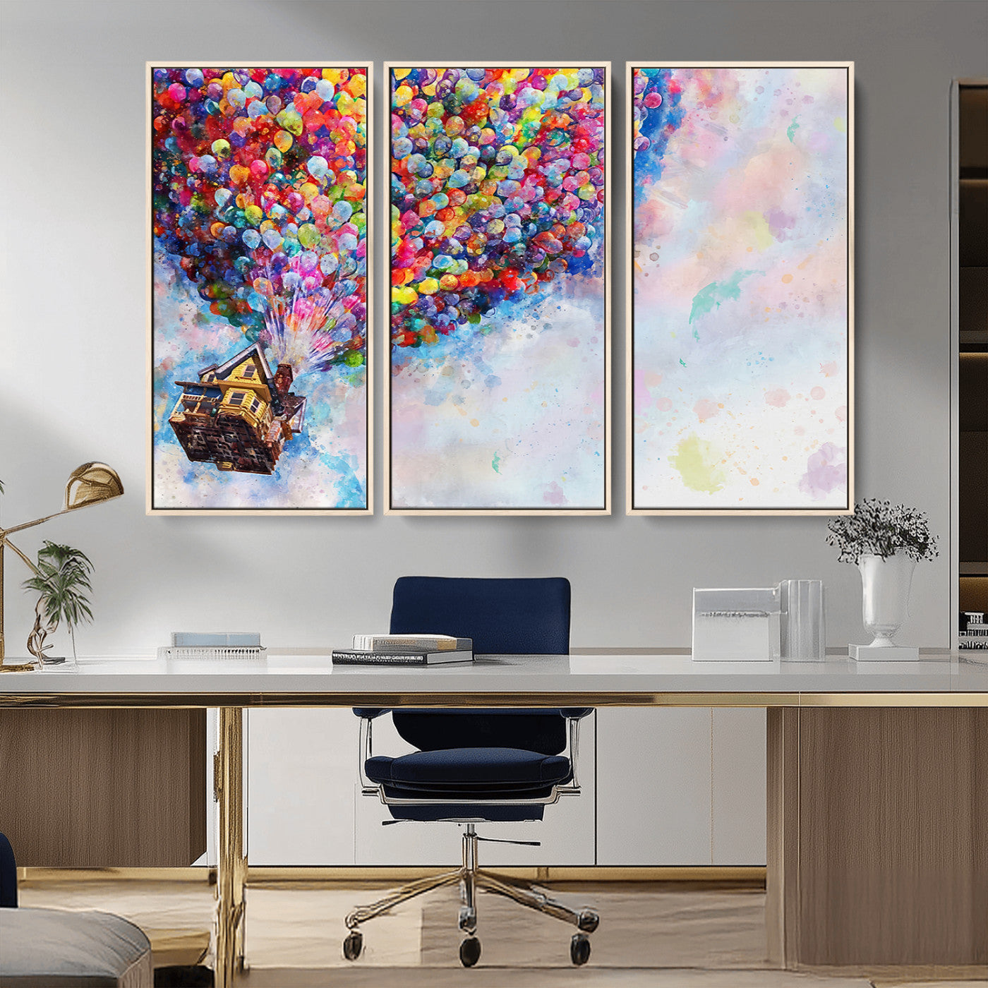 MGV-FC-48X32-3P - Don't Look Up Movie Canvas Wall Art - Vibrant Floating House and Balloons Scene, Tribute to Iconic