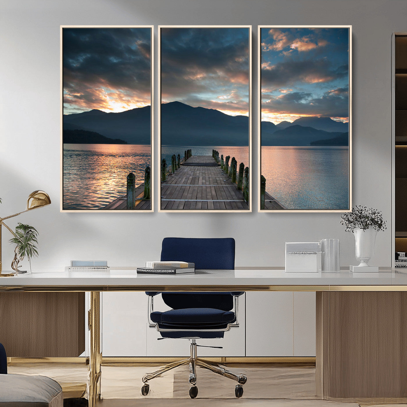 MGV-FC-48X32-3P - Mountain Lake Wood Pier Canvas Wall Art Nature Lake Print