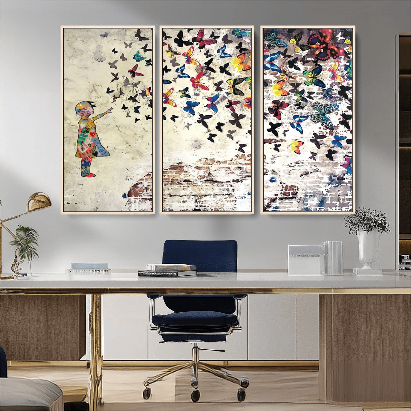MGV-FC-48X32-3P - Banksy Wall Art - Banksy Girl Butterfly Graffiti Wall Art Canvas Print - Butterfly Girl and Freedom Flight - Vibrant Street Art Print