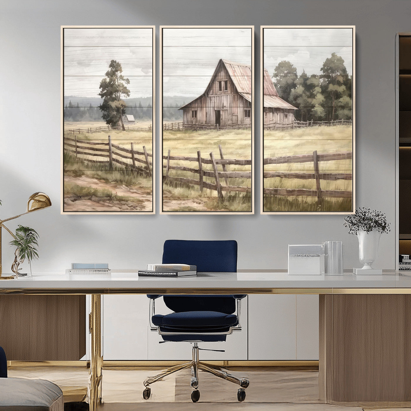MGV-FC-48X32-3P - Rustic Farmhouse Barn Wall Art | 3-Panel Framed Gallery Wrap Giclee Canvas Print for Living Room, Farmhouse, or Office | Country Landscape Wall Art
