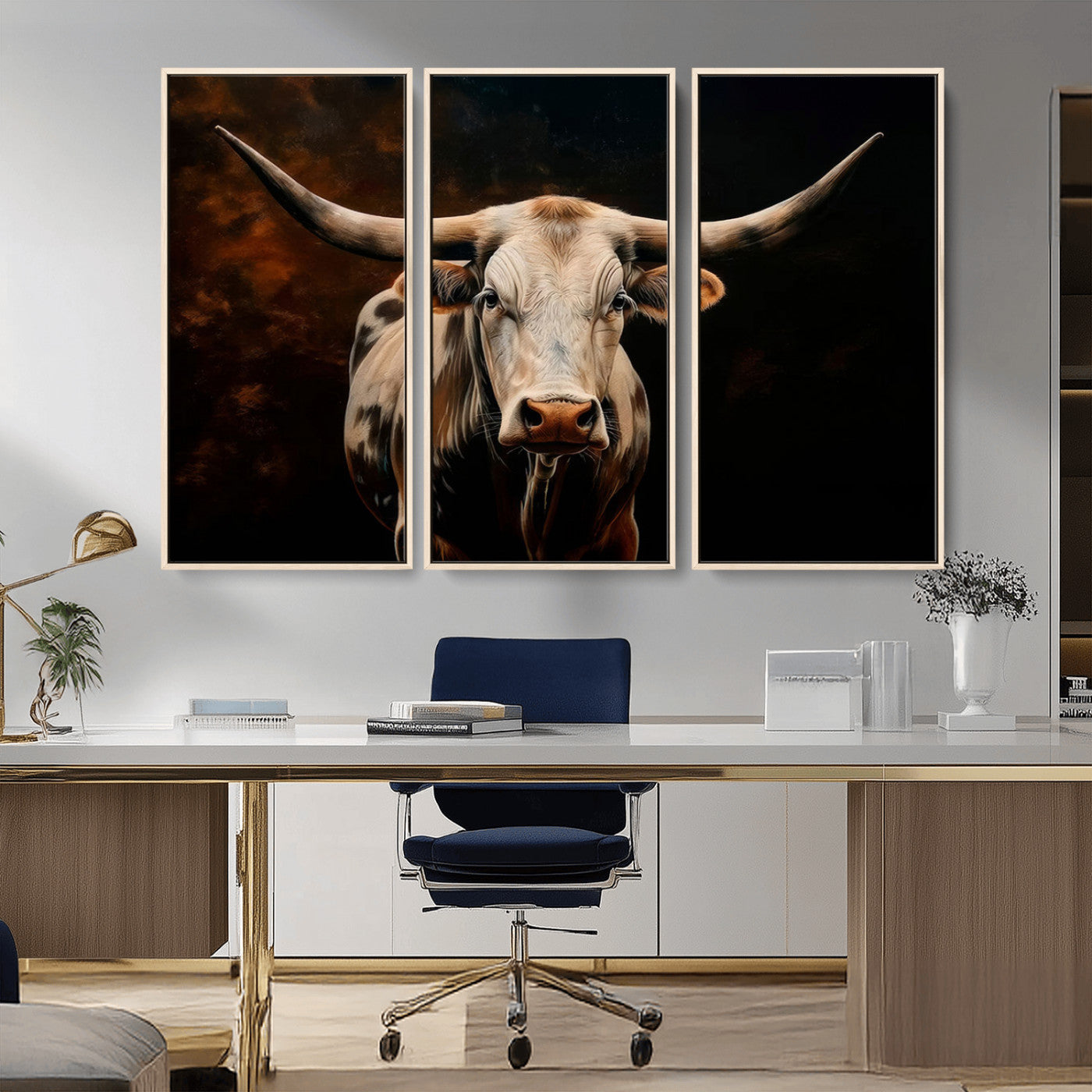 MGV-FC-48X32-3P - Texas Longhorn Wall Art | 3-Panel Large Texas Longhorn Canvas Print for Living Room, Office, or Farmhouse Decor | Framed Giclee Longhorn Wall Art