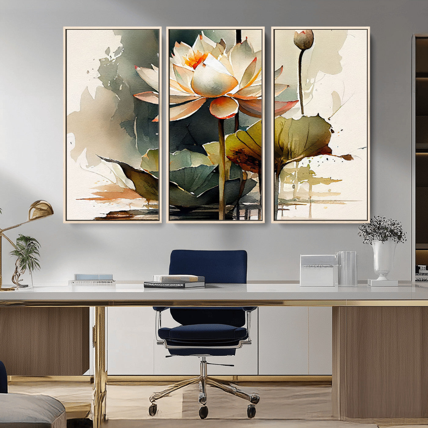 MGV-FC-48X32-3P - Lotus Flower Watercolor Canvas Print – A Symbol of Serenity and Growth, Captured in Soft Watercolors – Contemporary Wall Art for Tranquil Spaces