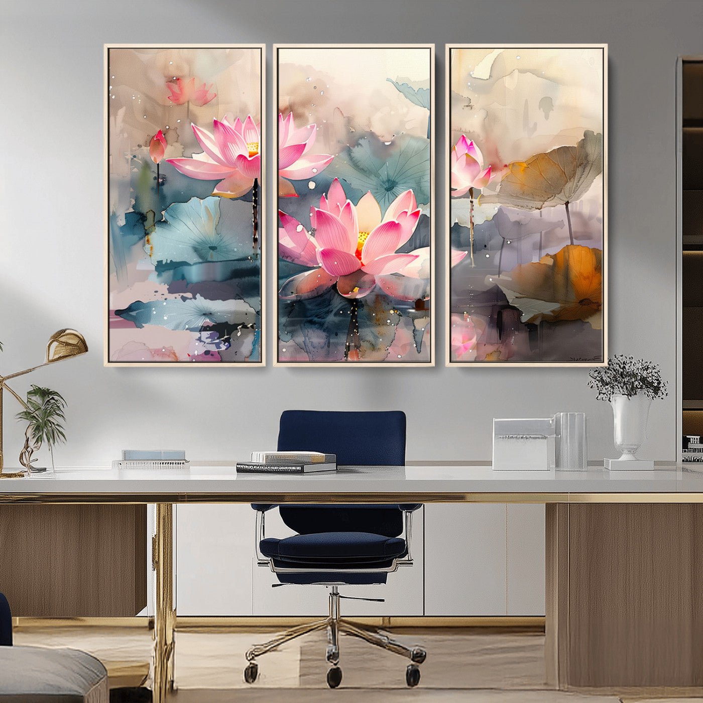 MGV-FC-48X32-3P - Lotus Flower Wall Art | 3-Panel Giclee Canvas Print of Pink Lotus Blossoms for Living Room, Bedroom, Office | Framed Lotus Floral Wall Art Decor Print