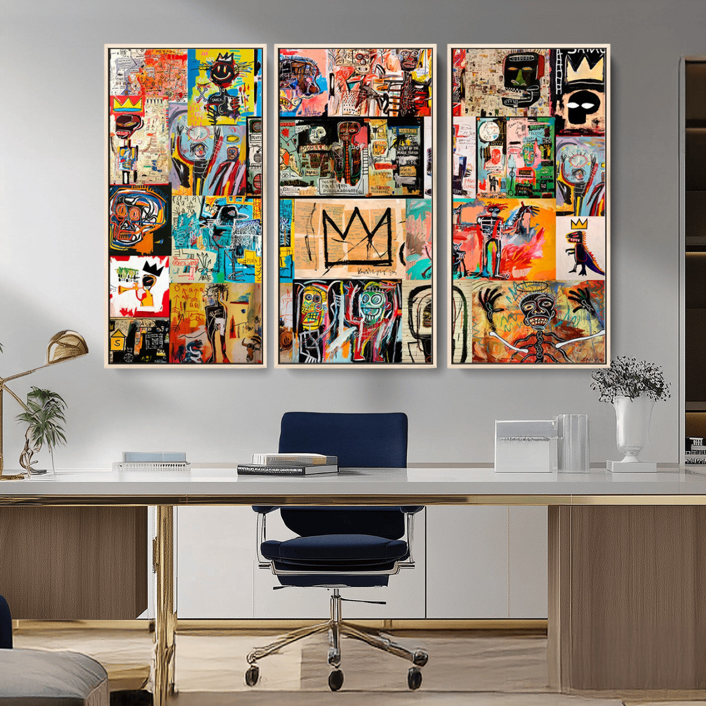 MGV-FC-48X32-3P - Basquiat Art Collage Wall Art Canvas Print – Framed, Ready to Hang, Urban Graffiti Style