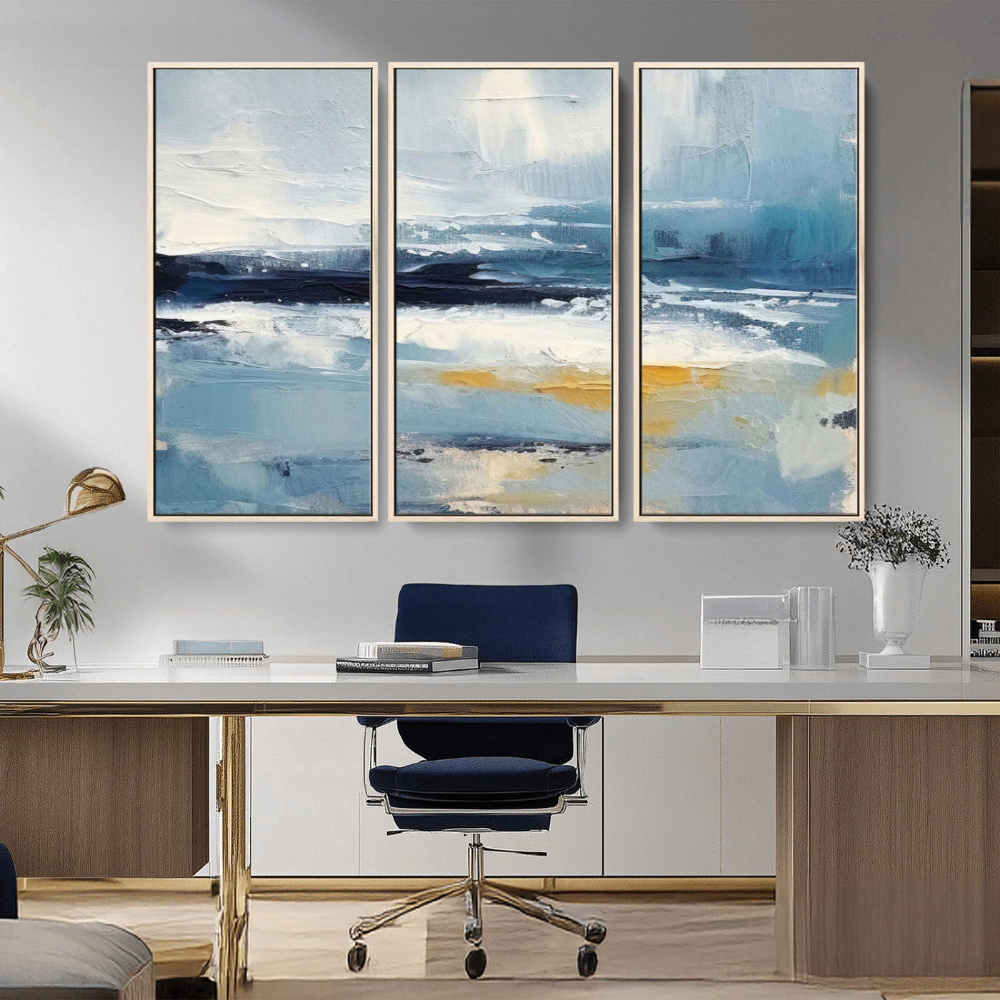 MGV-FC-48X32-3P - Abstract Ocean Canvas Wall Art - Coastal Blue and Gold Textured Painting, Modern Seascape Decor for Living Room Decor