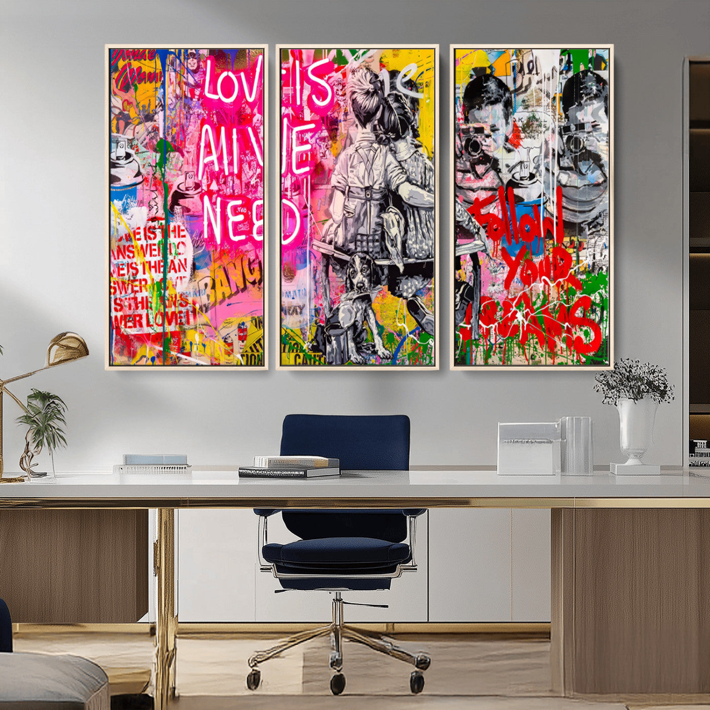 MGV-FC-48X32-3P - Follow Your Dreams & Love is All We Need Graffiti Street Art Triptych | 3-Panel Colorful Urban Wall Art for Living Room, Office, Loft Graffiti Wall Art Print
