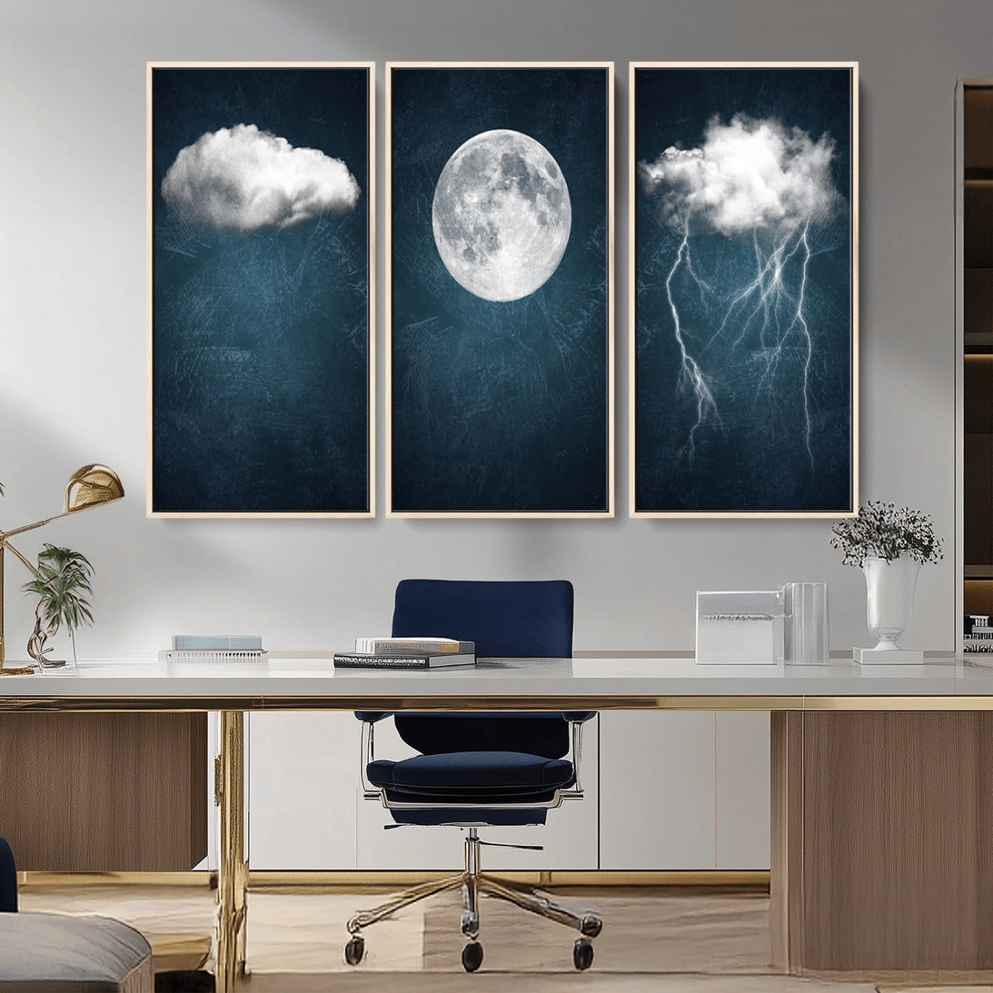 -3 Piece Indigo Cloud Wall Art, Thunderstorm Moon Cloud Artworks
