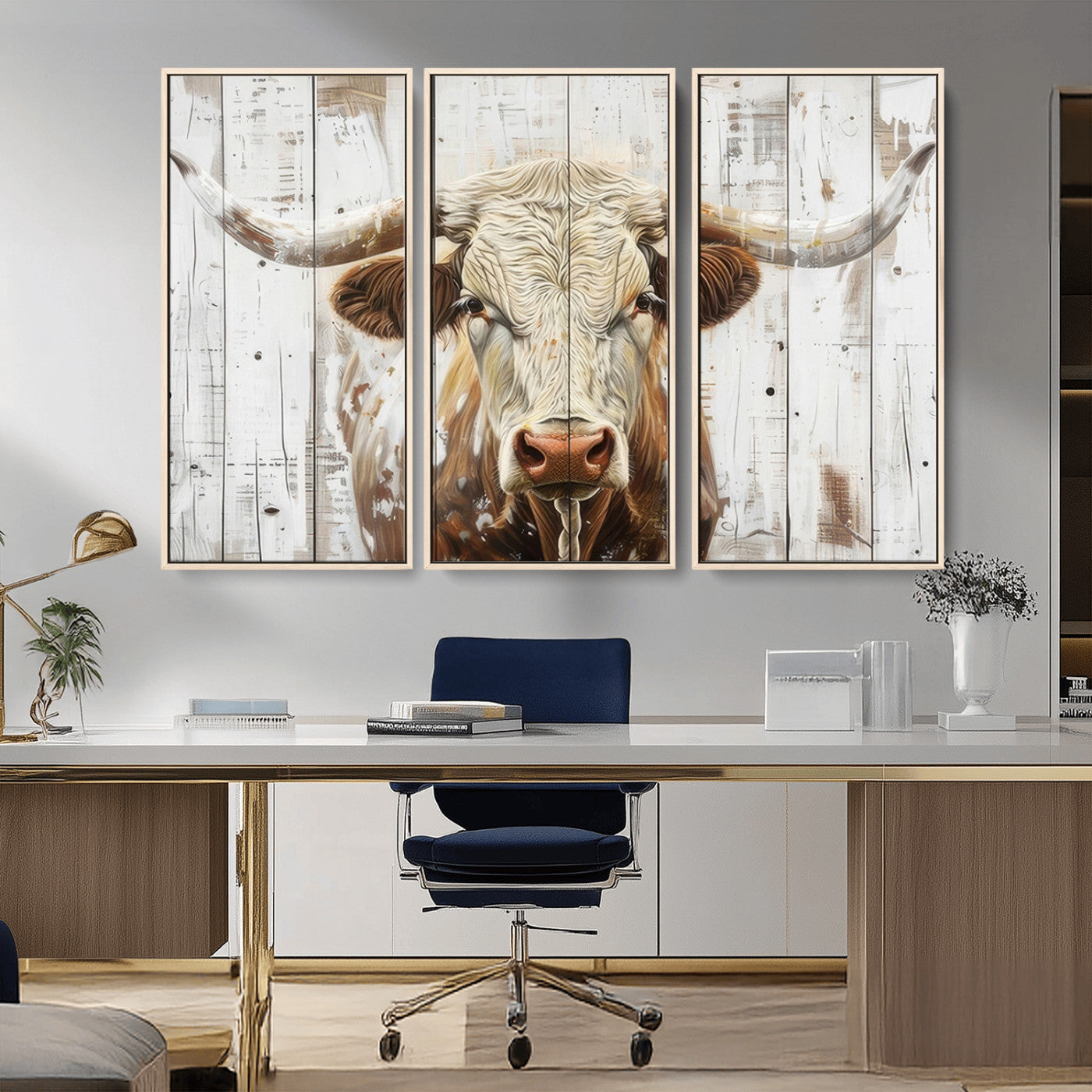 -Rustic Longhorn Bull Wall Art Canvas Set – Western-Inspired Farmhouse Décor - Ready to Hang