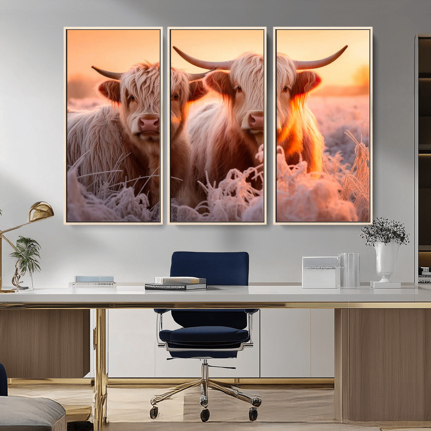 -Highland Cows at Sunrise Wall Art Canvas Set – Serene and Rustic Farmhouse Decor