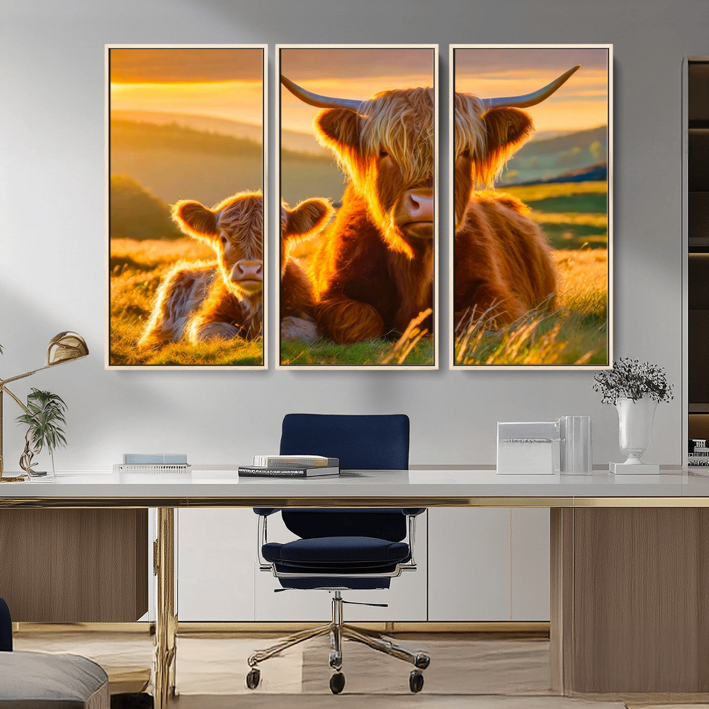 -Scottish Cow and Baby Cow Canvas Wall Art Animal Print Fluffy Cattle Framed Farmhouse Decor