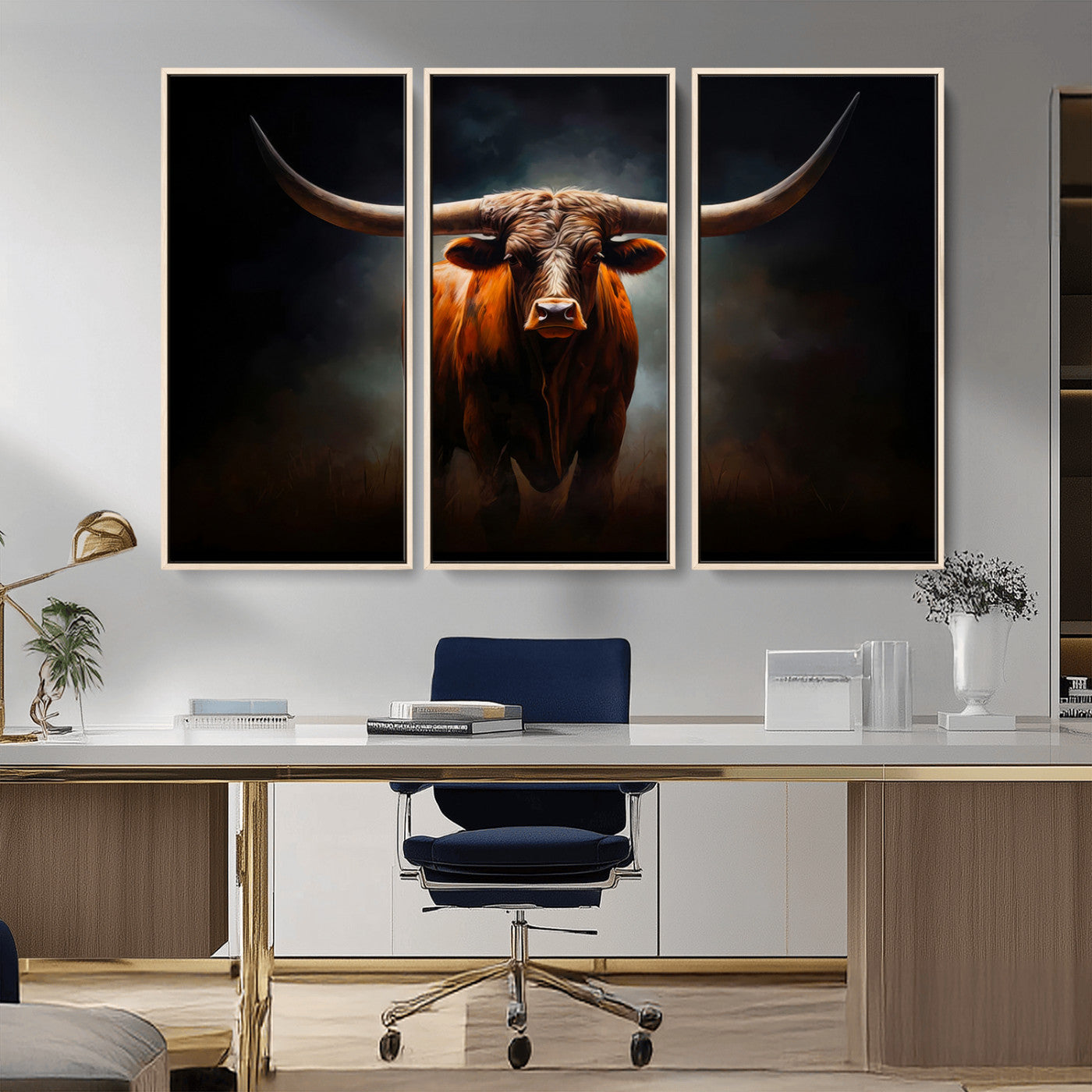 MGV-FC-48X32-3P - Abstract Texas Longhorn Wall Art Print | 3-Panel Large Texas Longhorn Canvas Print for Living Room, Office  Farmhouse Decor | Framed Longhorn Wall Art