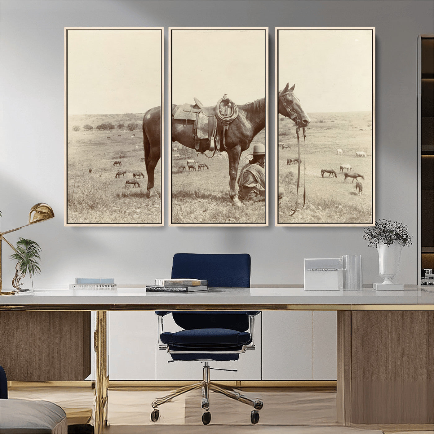 MGV-FC-48X32-3P - Cowboy Wall Art - Western Horse Canvas Print - Vintage Western Wall Art Canvas Print, Ready to Hang