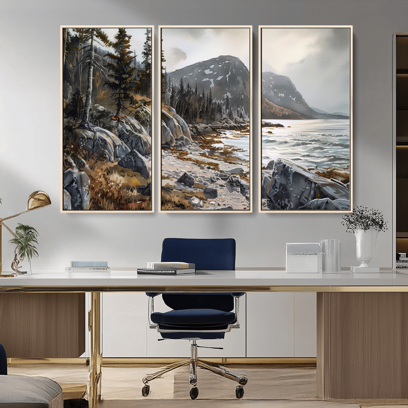 -Serene Coastal View of Acadia National Park - Stunning 3-Panel Wall Art Canvas Print, Framed, Ready