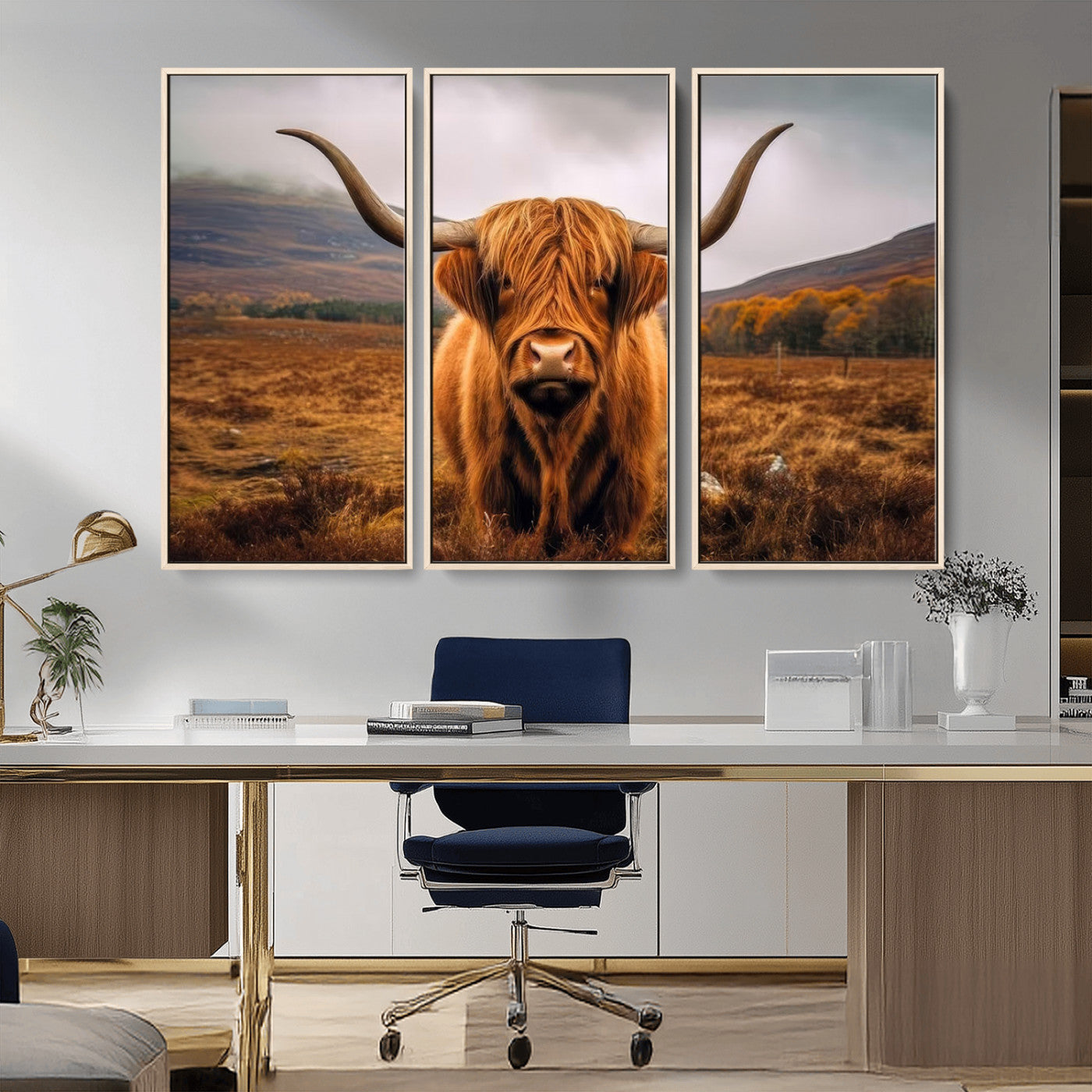65529-MGV-FC-48X32-3P_Natural-Highland Cow Longhorn Wall Art – Rustic Canvas Print, Framed and Ready to Hang for Farmhouse Décor