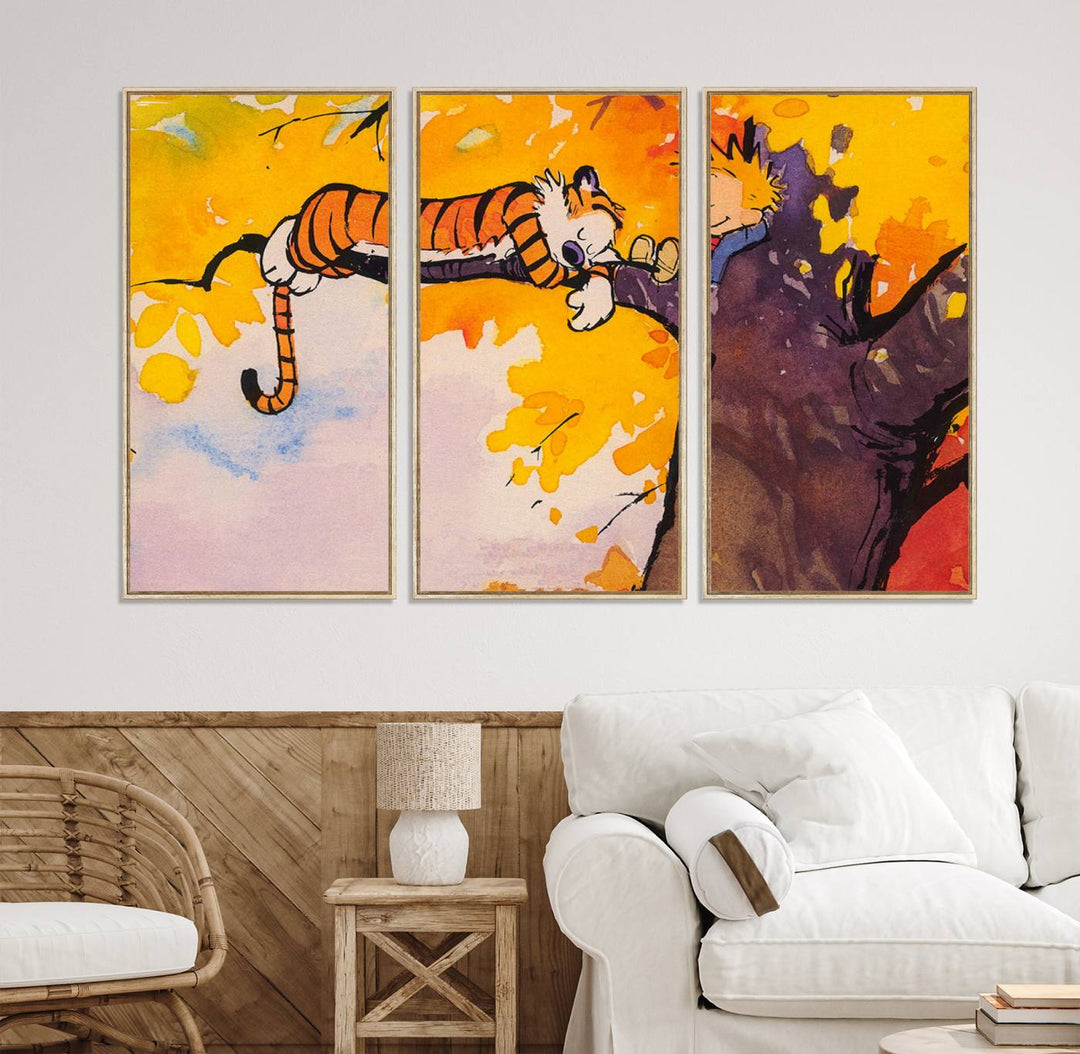 Premium canvas Calvin Wall Arts featuring a boy and tiger relaxing on a branch.