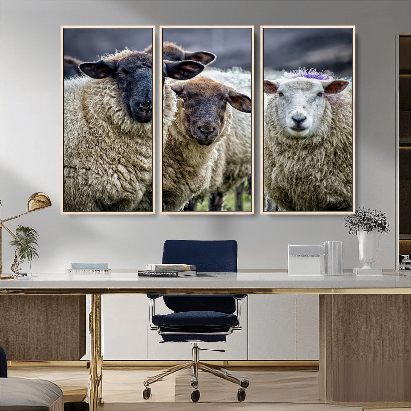 -Charming Sheep Portrait Wall Art – Trio of Woolly Companions Canvas Print, Framed, Ready to Hang