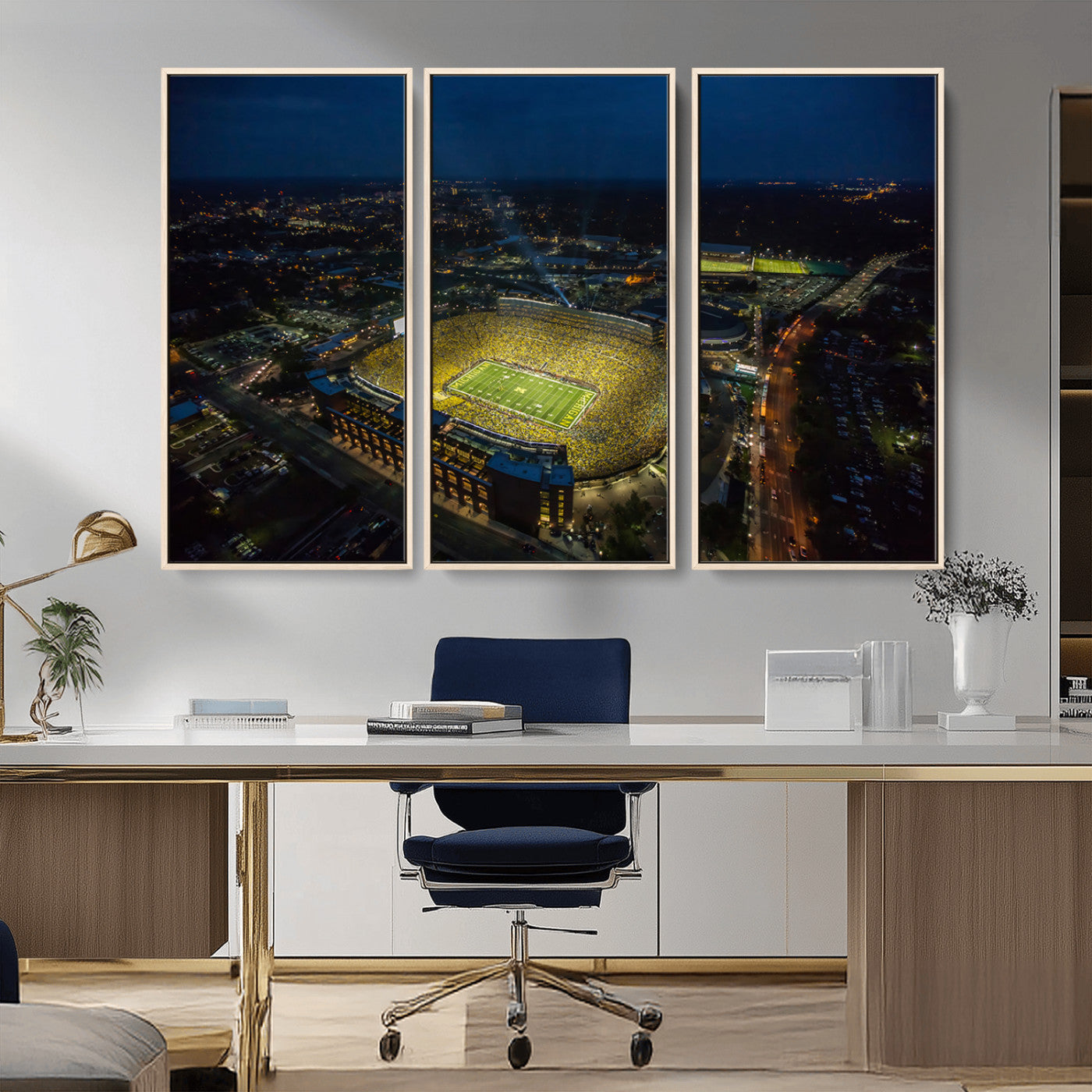 MGV-FC-48X32-3P - Michigan Stadium Night Game Wall Art – Sports Arena Aerial View Canvas Print, Framed, Ready to Hang