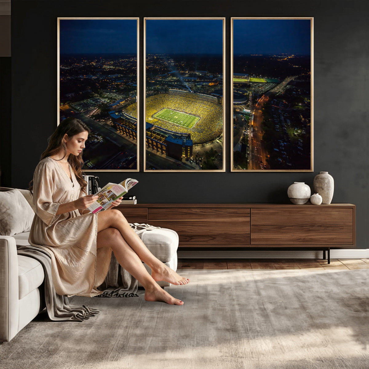 33588-MGV-CV-36X24 - Michigan Stadium Night Game Wall Art | Sports Arena Aerial View Canvas