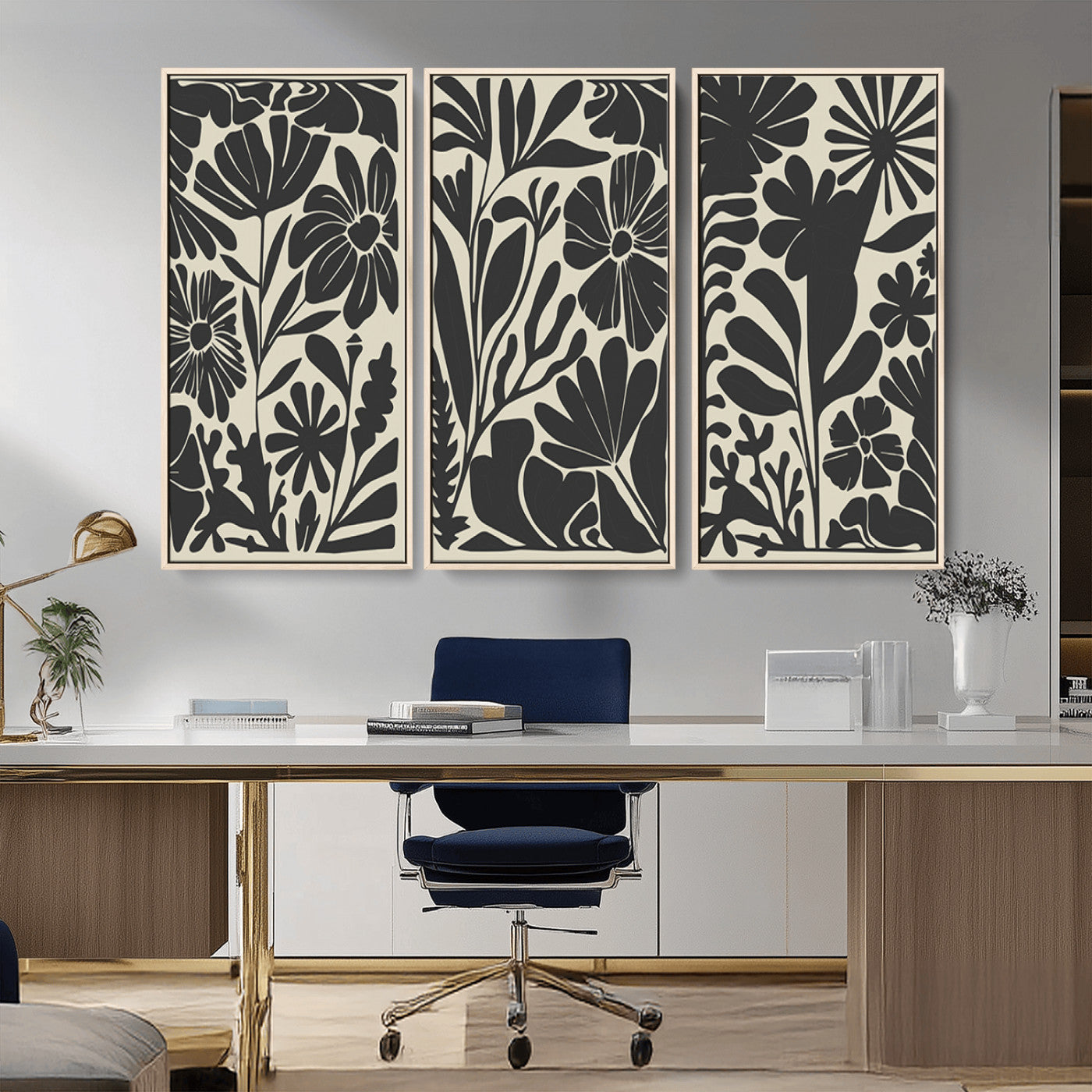 MGV-FC-48X32-3P - Modern Botanical Wall Art - Floral Black and White Canvas Print, Framed, Ready to Hang