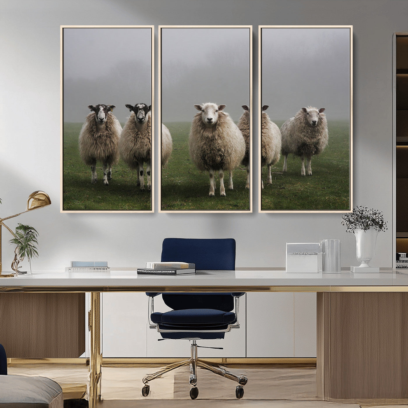 -Flock of Sheep in a Mystical Fog – Pastoral Wall Art Canvas Print, Framed, Ready to Hang